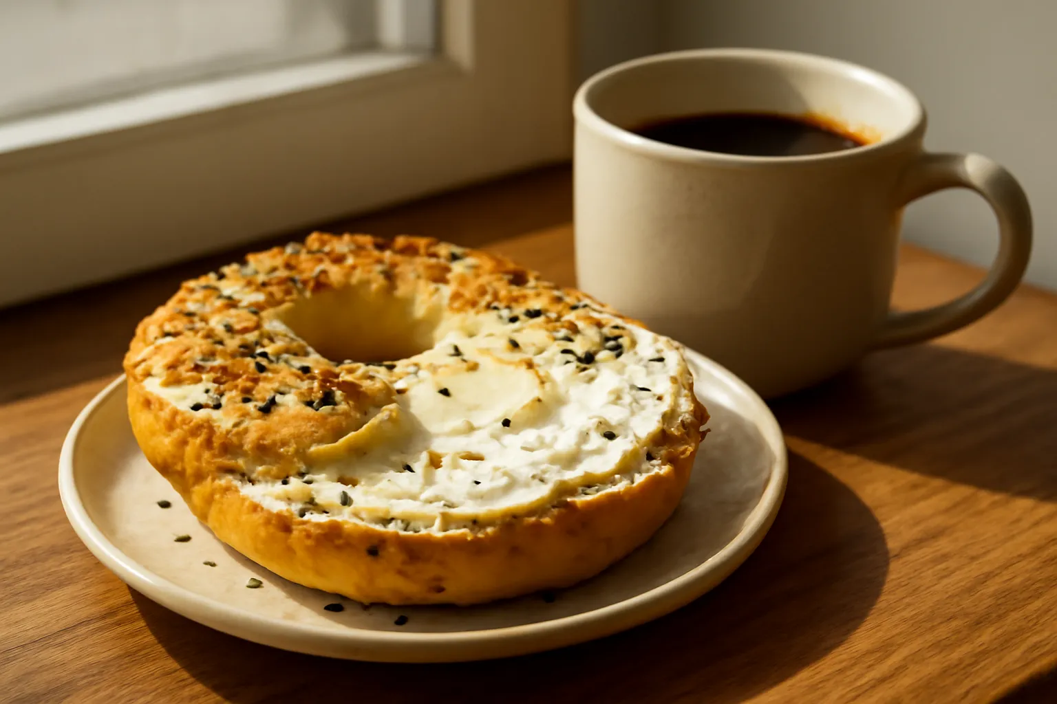 Bagel cắt đôi phết lớp kem trắng dày, rắc hạt mè lên trên