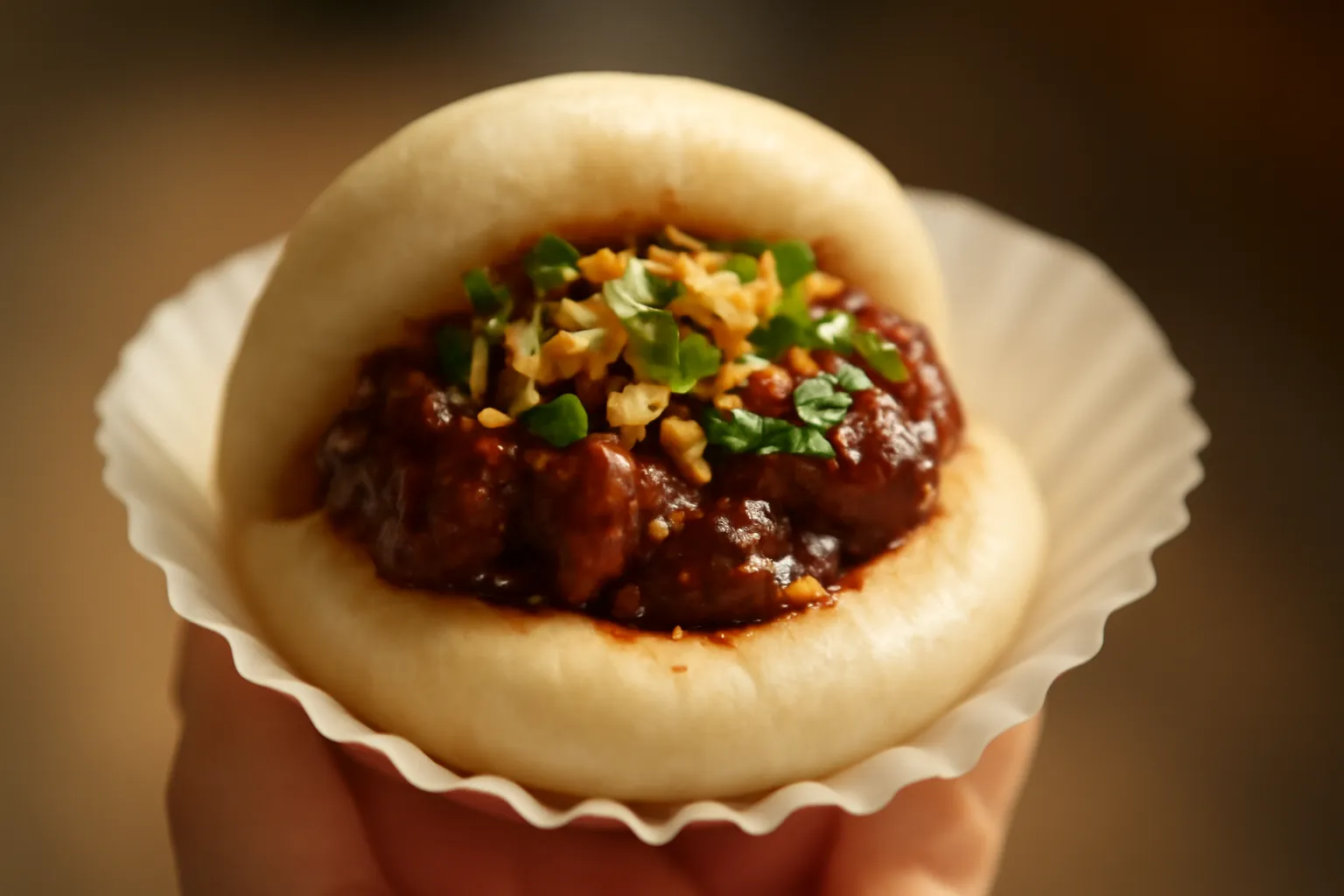 Bánh bao trắng gập đôi kẹp nhân nâu, rau thơm và đậu phộng rắc lên