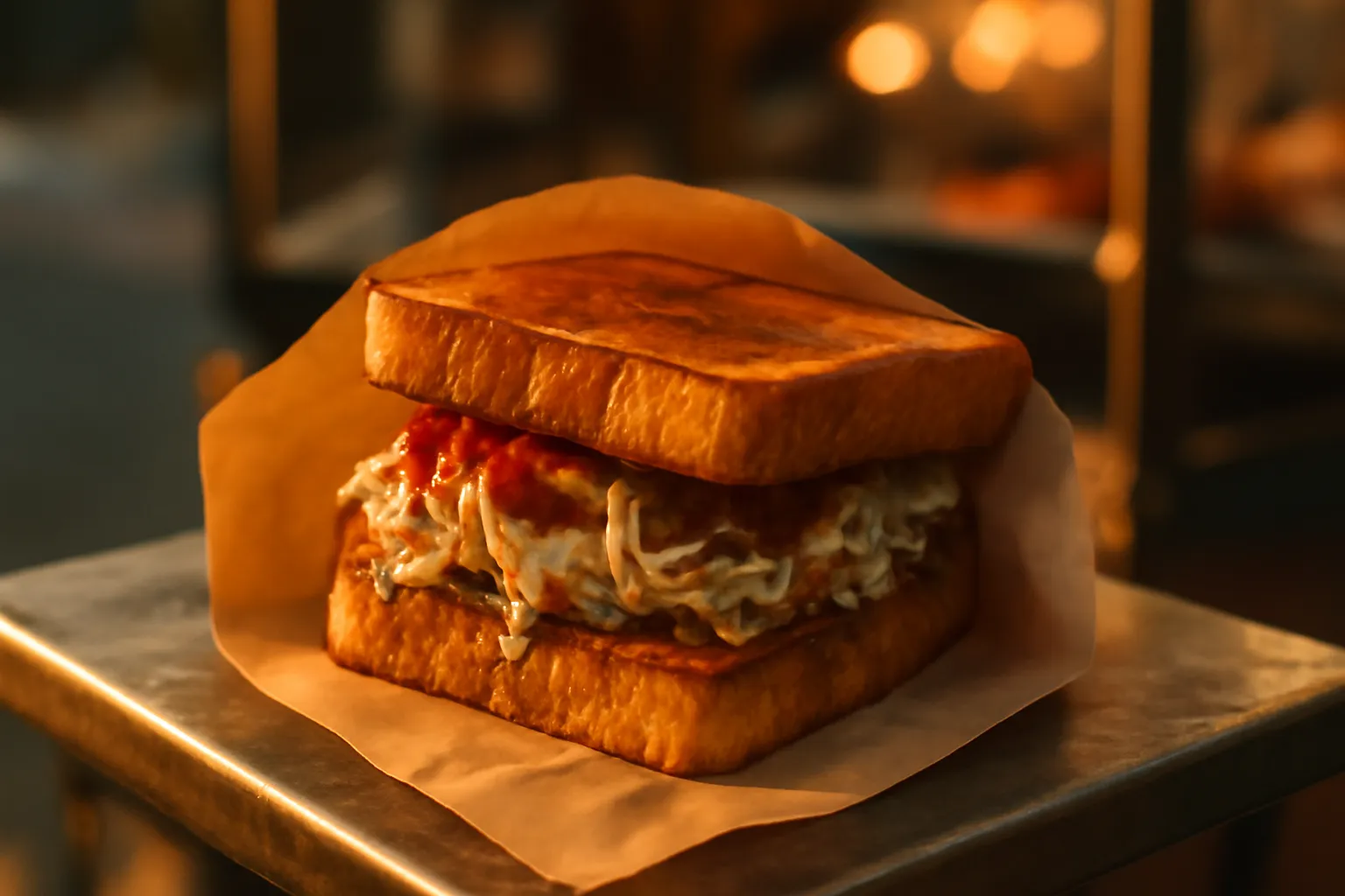 Bánh mì gối áp chảo vàng kẹp nhân bắp cải, rưới sốt và rắc đường