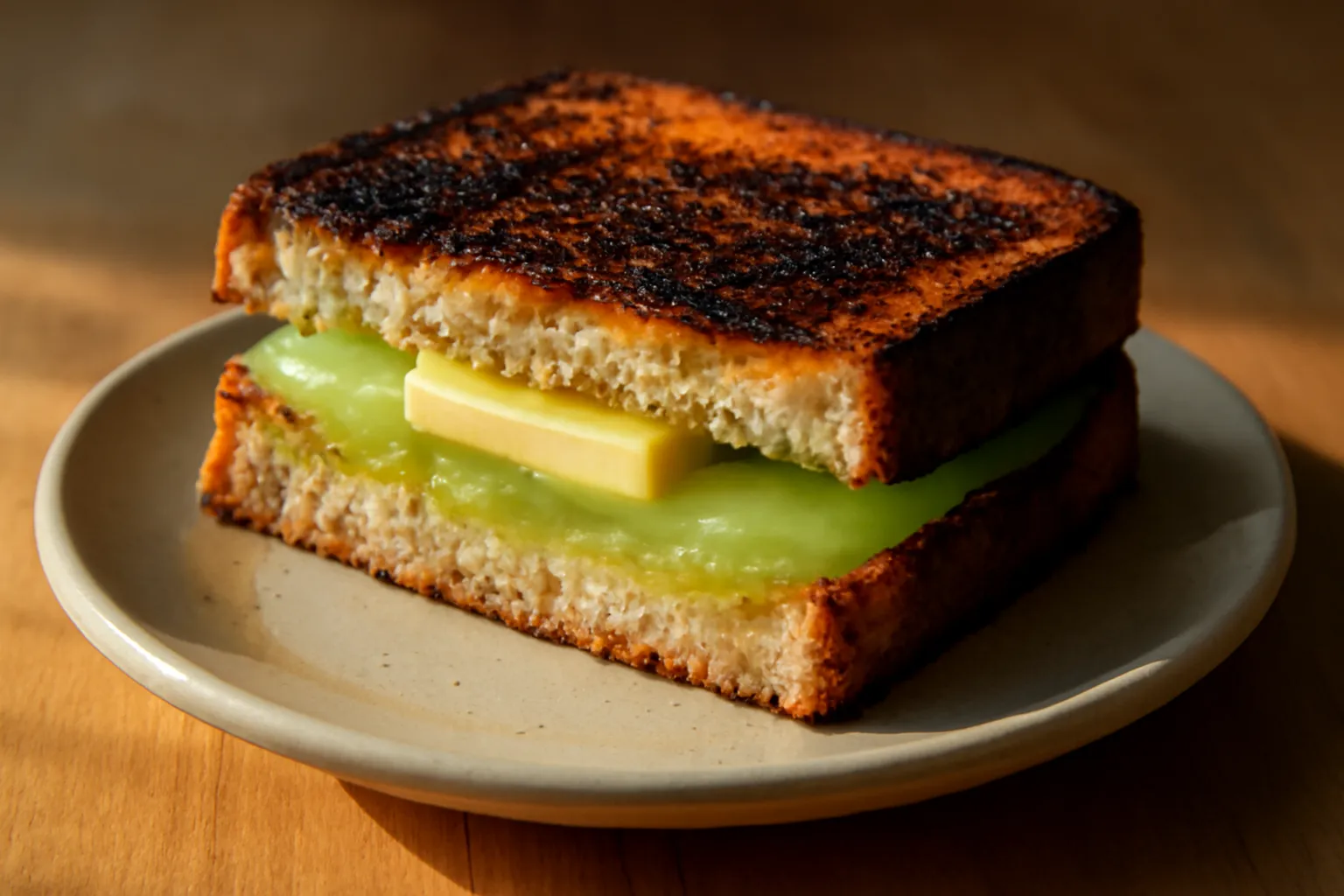 Hai lát bánh mì nướng sém kẹp lớp mứt xanh nhạt và một lát bơ, cắt đôi
