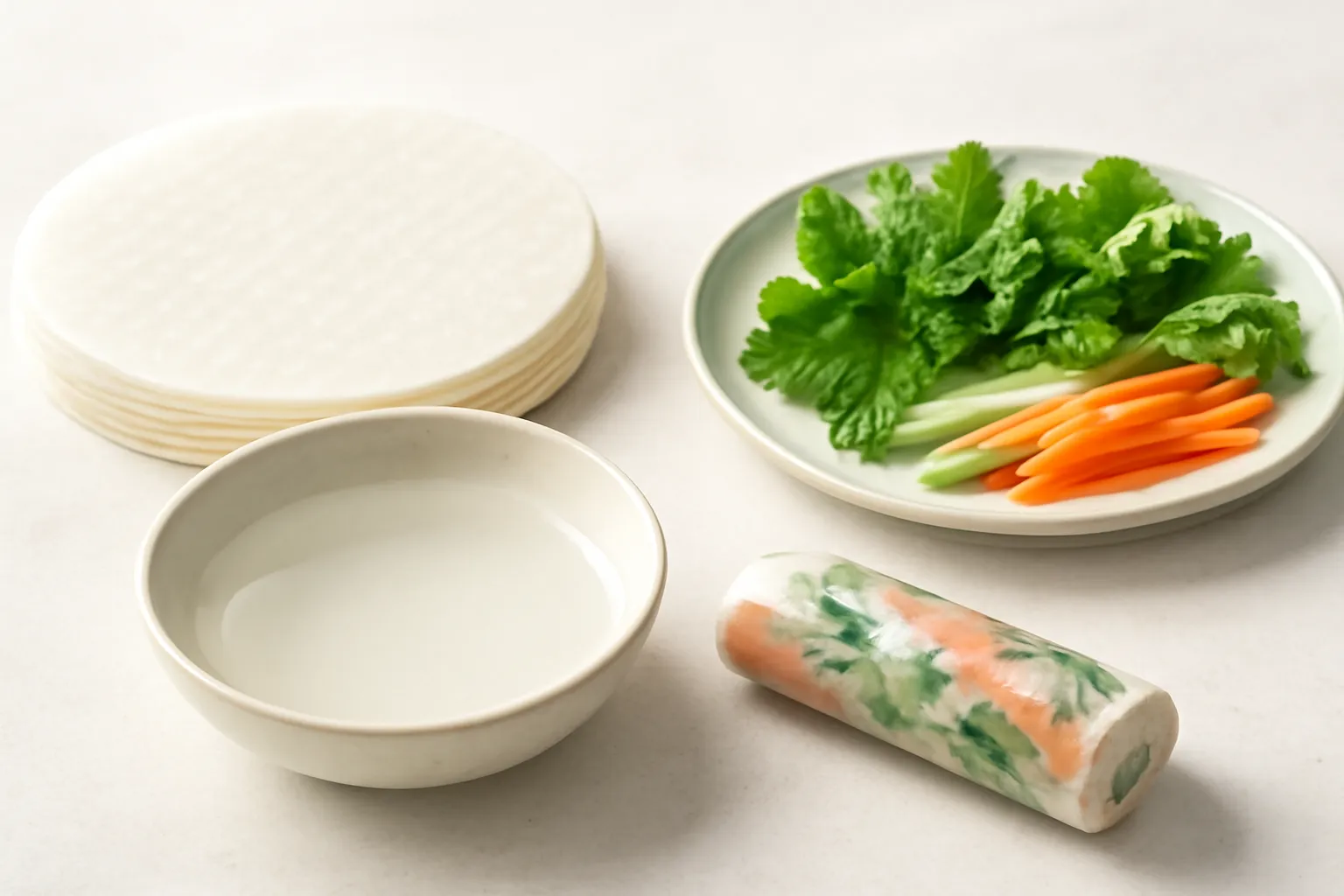 Chồng bánh tráng tròn bên cạnh tô nước và một cuốn đã cuốn xong