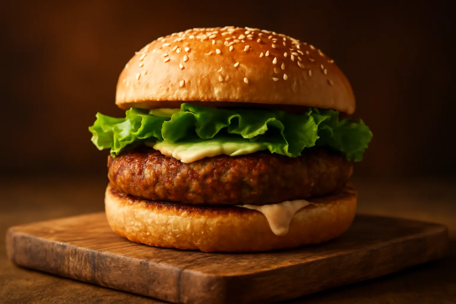 Burger chay xếp cao với miếng chả nâu, rau xanh và sốt chảy nhẹ ra mép