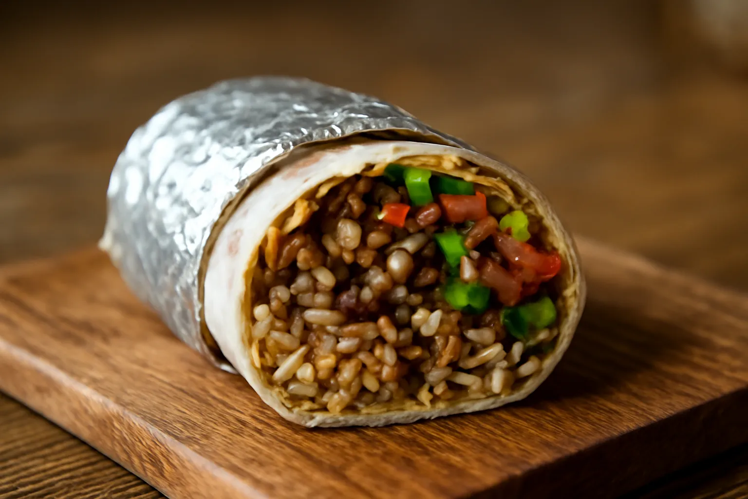 Chiếc burrito cuốn chặt gói giấy bạc nửa dưới, cắt đôi để lộ các lớp bên trong