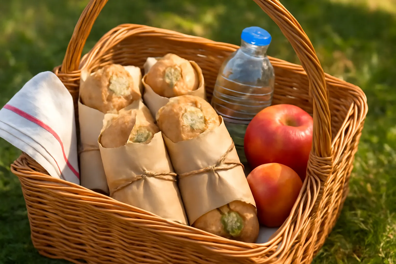 Bánh kẹp gói giấy xếp trong giỏ picnic cùng bình nước và trái cây