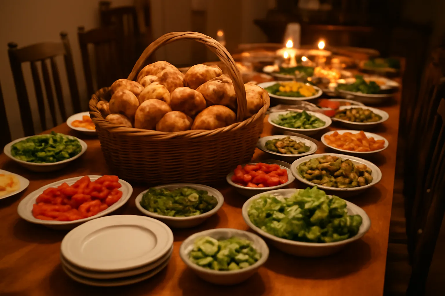 Bàn dài bày nhiều đĩa nhân và rau quanh một rổ bánh lớn ở giữa