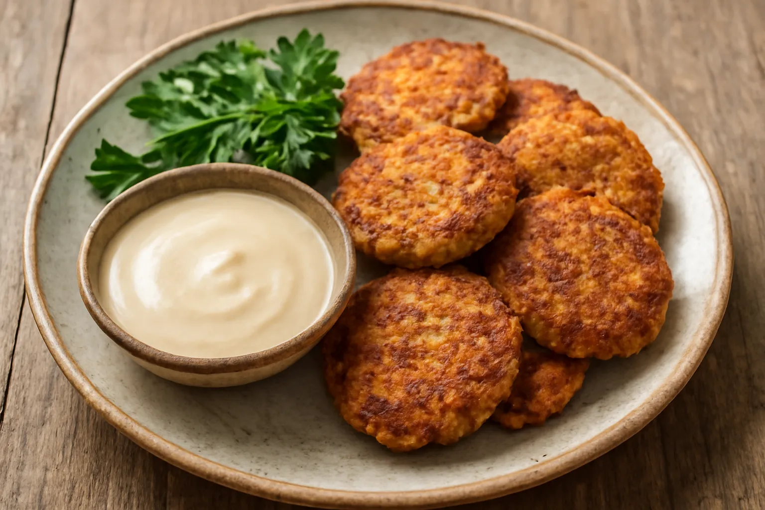 Nhiều viên falafel nâu giòn xếp trên đĩa cùng chén sốt mè trắng