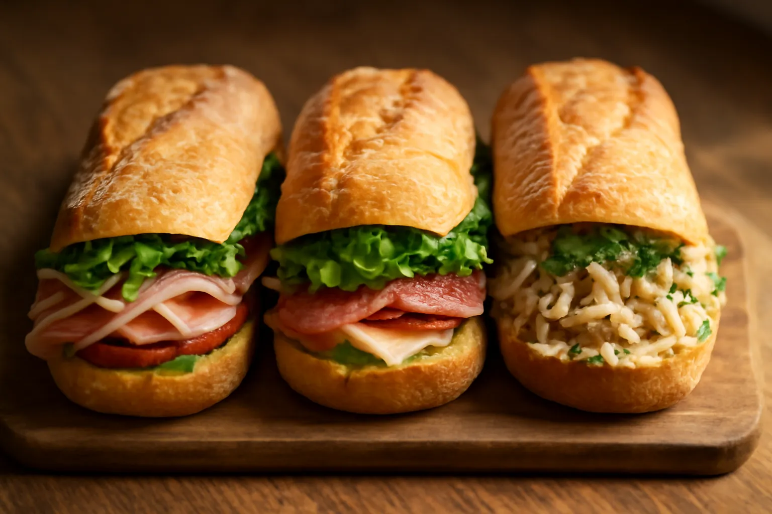 Ba ổ bánh mì kẹp xếp cạnh nhau với nhân và rau khác nhau