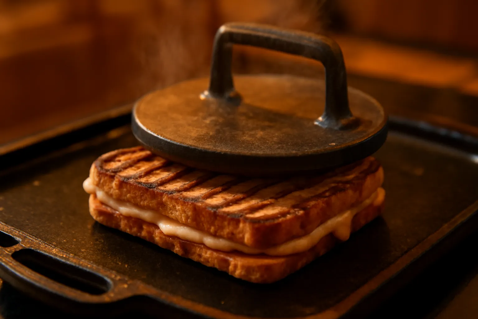 Chiếc panini đang được ép trên chảo gang, vỏ bánh có vệt cháy xém
