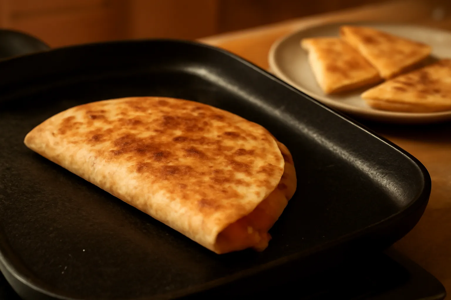 Bánh tortilla gập đôi đang ép trên chảo, nhân vàng chảy nhẹ ra mép