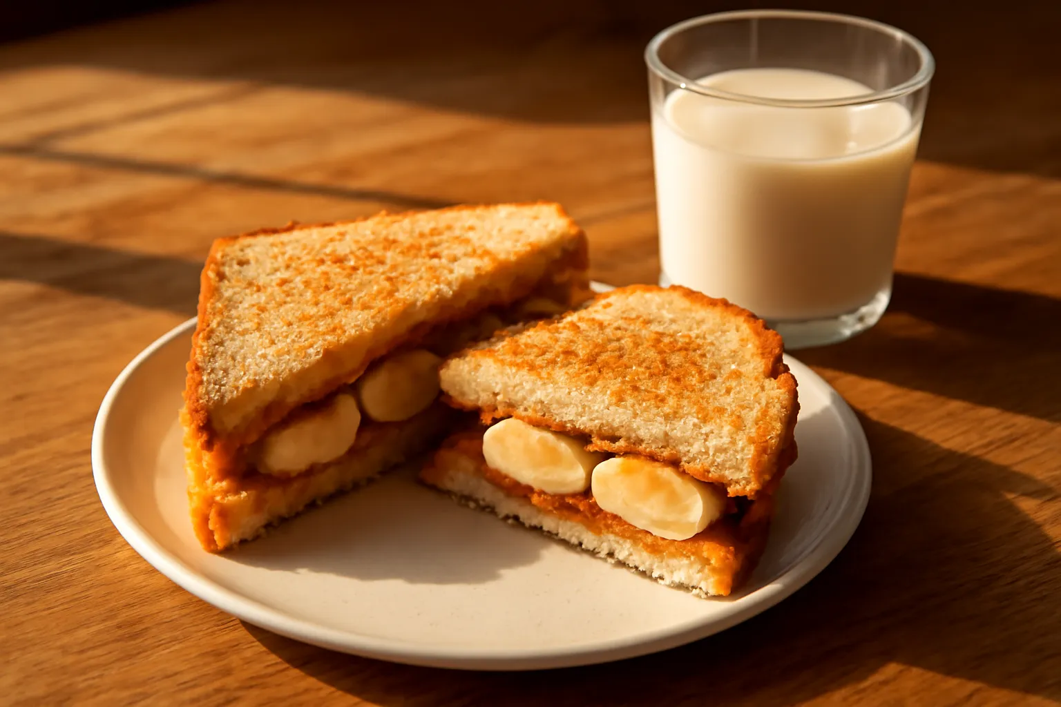 Sandwich bơ hạt và chuối cắt đôi trên đĩa, bên cạnh là ly sữa hạt