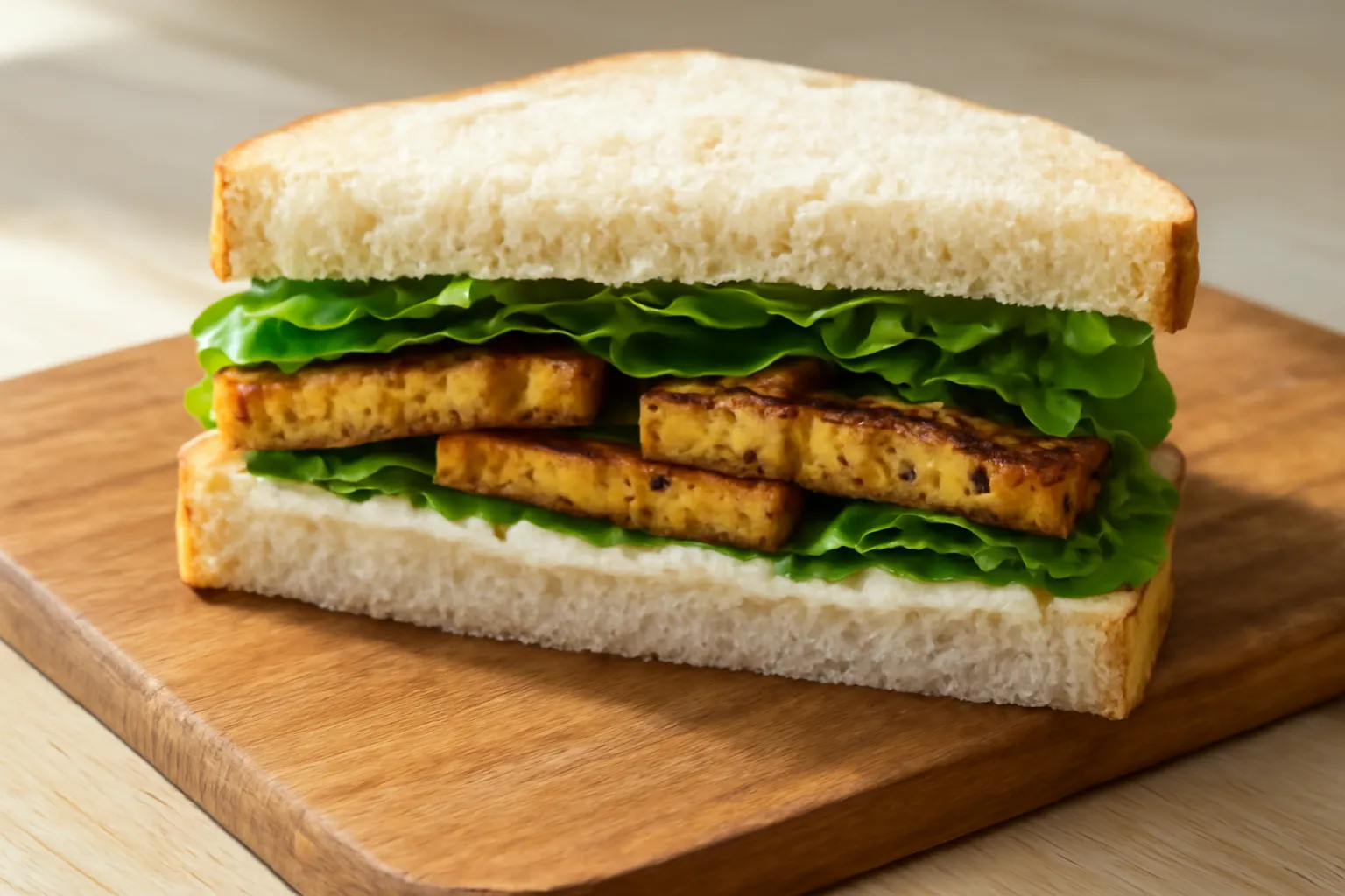 Sandwich cắt chéo nhìn rõ lớp rau, đậu hũ và sốt giữa hai lát bánh mì gối